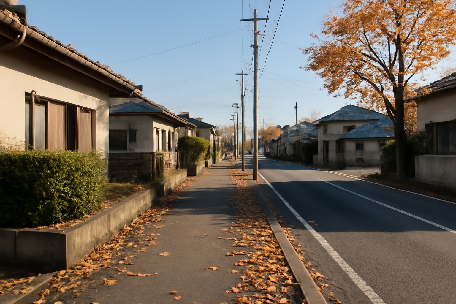 秋の朝の住宅地の歩道